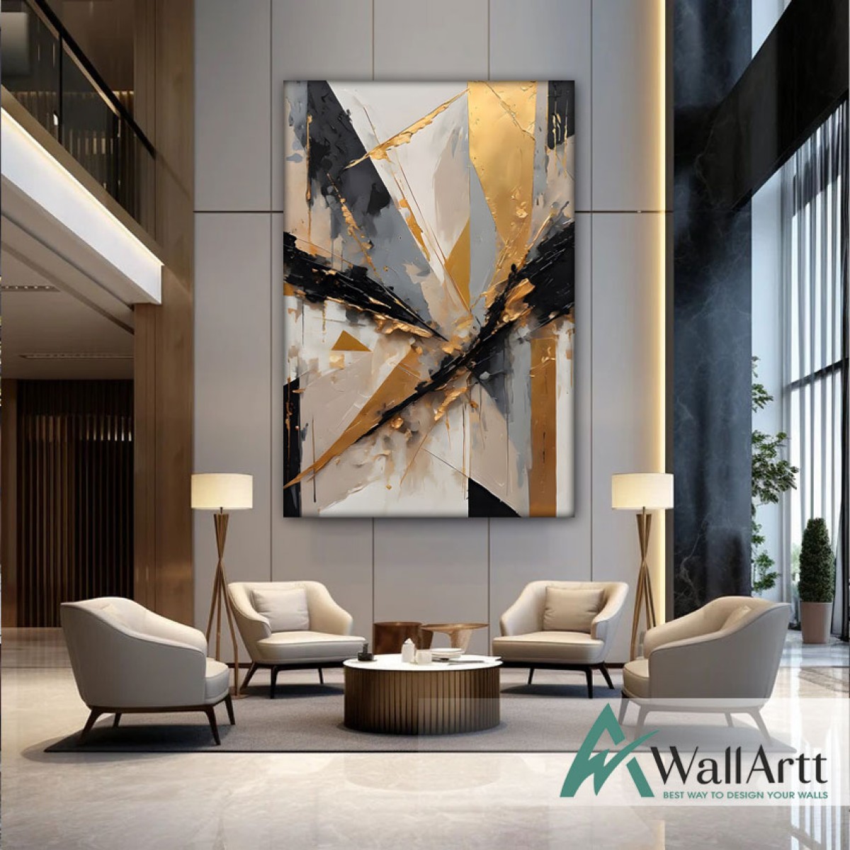 Gold Foil Triangles 3d Heavy Textured Partial Oil Painting - Wall Art